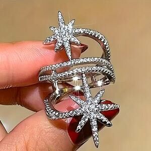 Silver Double Star Zircon Ring Celestial Moon